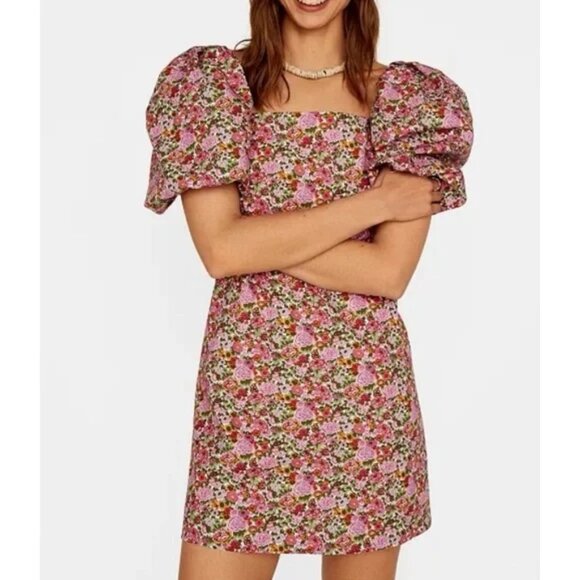 MNG Women Blogger Fav Volume Sleeve Floral Mini Dress Short Sleeve Pink Red 4 - Picture 1 of 14